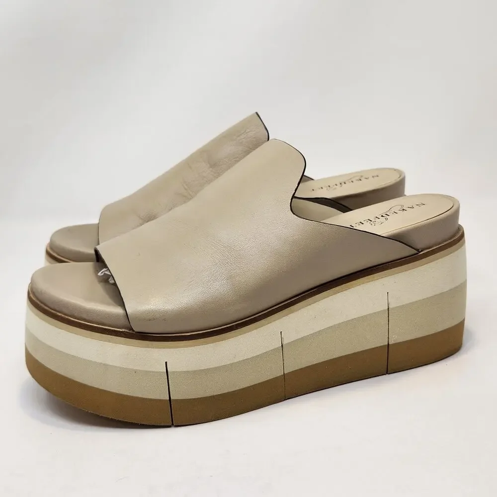 Naked Feet Flow Cream Tan Leather Platform Sandals Women Size 7.5 M Wedge Slide
